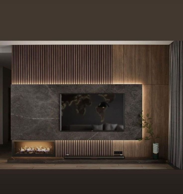 Dark Brown TV Unit with Warm Lighting