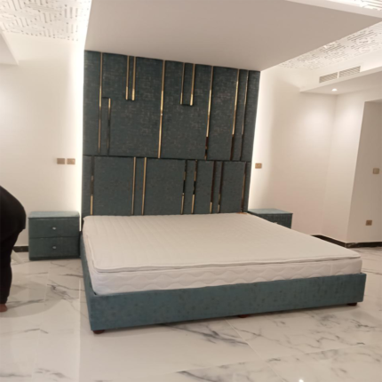 Modern Upholstered Bed Design with Geometric Panel Headboard